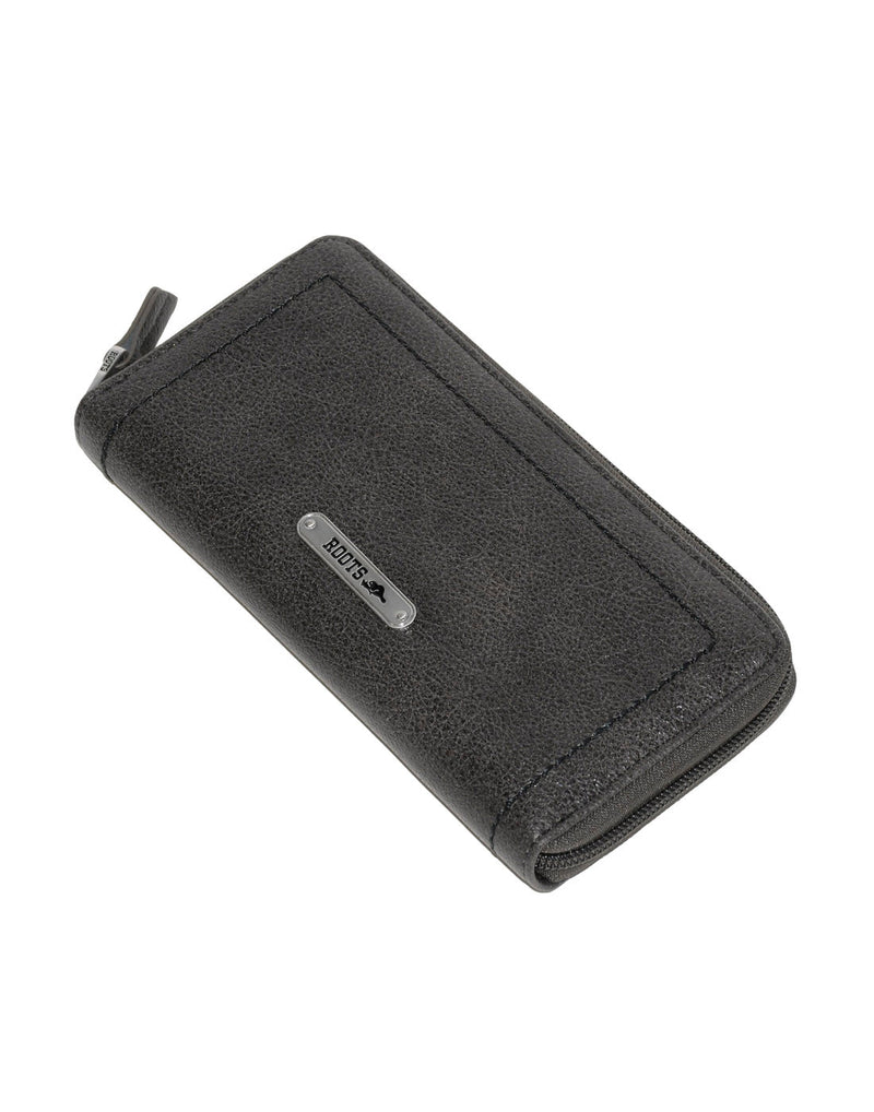 Roots Slim Zip Around Bifold Wallet in charcoal, front view, laying down