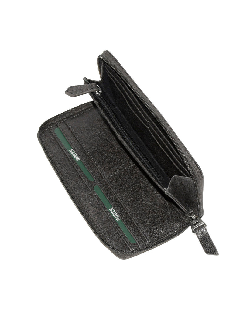 Roots Slim Zip Around Bifold Wallet in charcoal, open view of card slots on one side and zippered pocket on other side