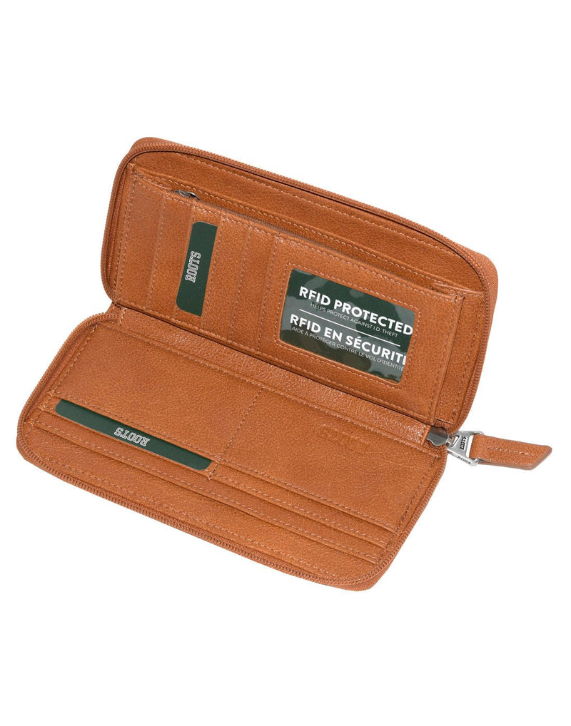 Roots Slim Zip Around Bifold Wallet in cognac colour, open view with card slots on both sides and ID window and zippered pocket on one side