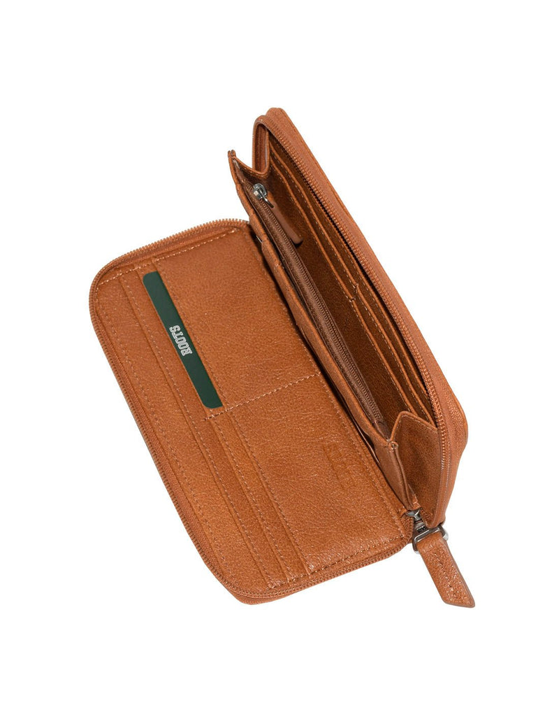 Roots Slim Zip Around Bifold Wallet in cognac colour, open view of card slots on one side and zippered pocket on other side