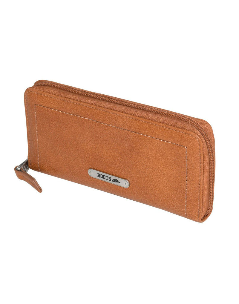 Roots Slim Zip Around Bifold Wallet in cognac colour, front angled view