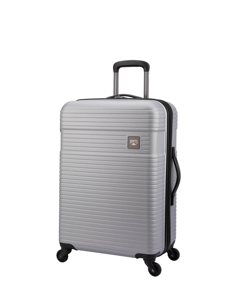 Roots Twiss Hardside 24" Expandable Spinner, silver, front view.