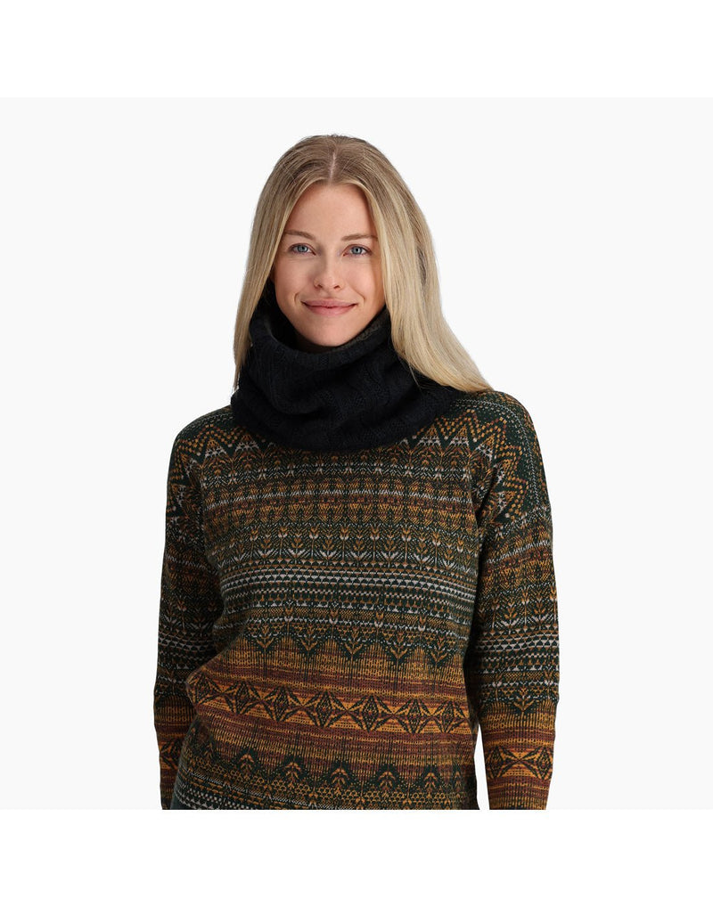 Front view of a woman wearing the Royal Robbins Baylands Cowl Scarf in Jet Black.