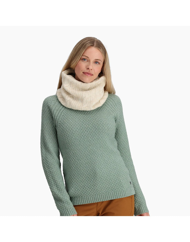 Front view of a woman wearing the Royal Robbins Baylands Cowl Scarf in Ivory White.