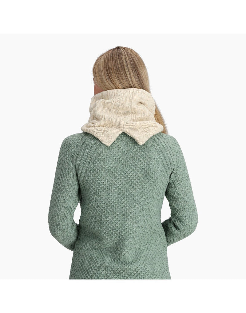 Back view of a woman wearing the Royal Robbins Baylands Cowl Scarf in Ivory White.