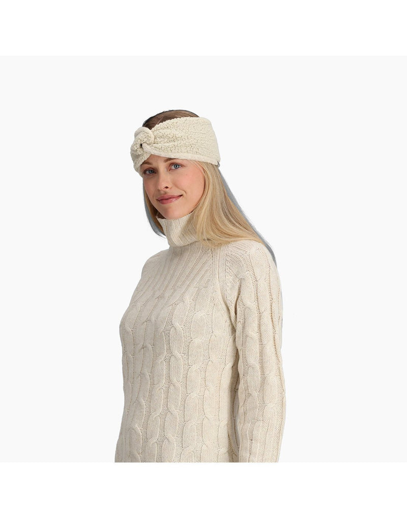 Front view of Royal Robbins Baylands Reversible Headband in Ivory White.  Head band is reversed to show the fleece lining side.