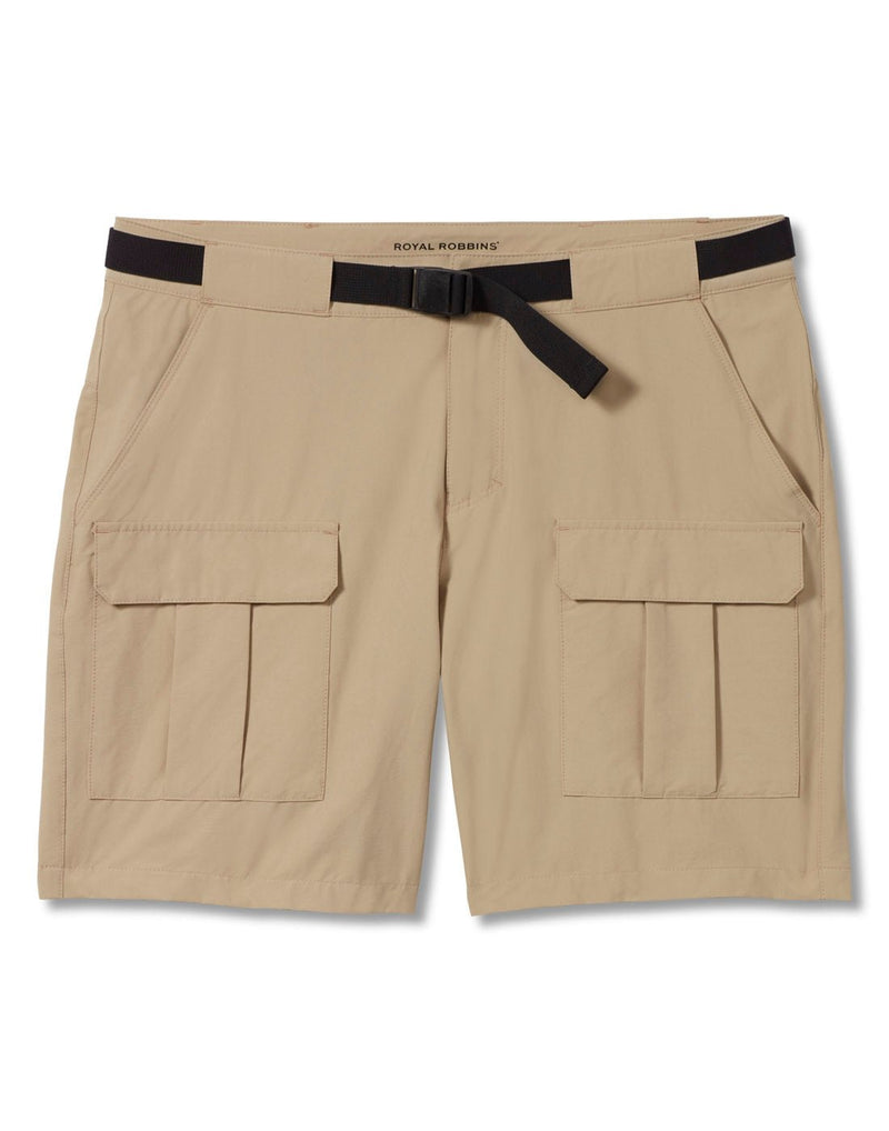 Royal Robbins Men's Backcountry Pro Short in khaki, front view, with black  belt and two cargo pockets on thighs.