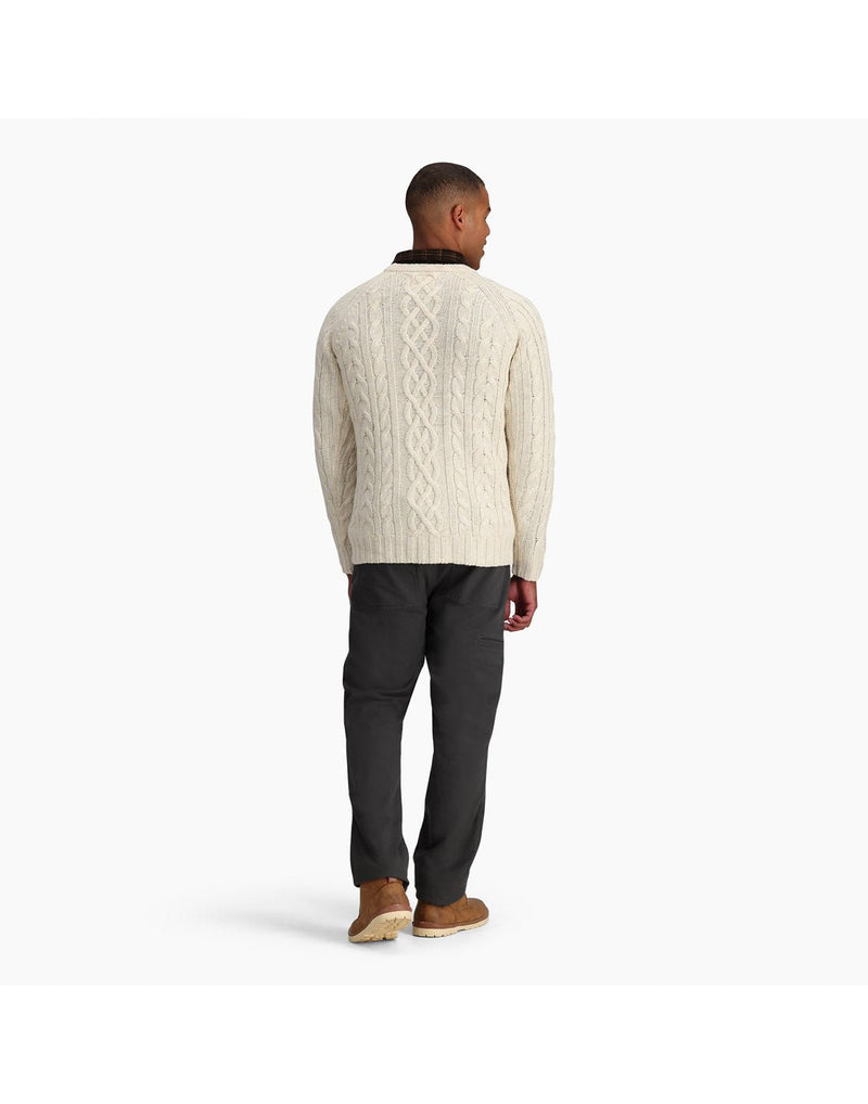 Back view of a man wearing the Royal Robbins Men's Baylands Fisherman Sweater in Ivory Heather colour.