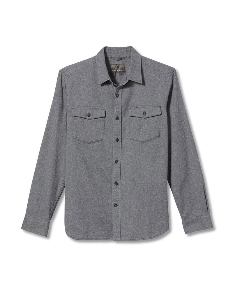Front view of Royal Robbins Men's Bristol Organic Cotton Twill Long Sleeve in light pewter colour, buttoned up. 