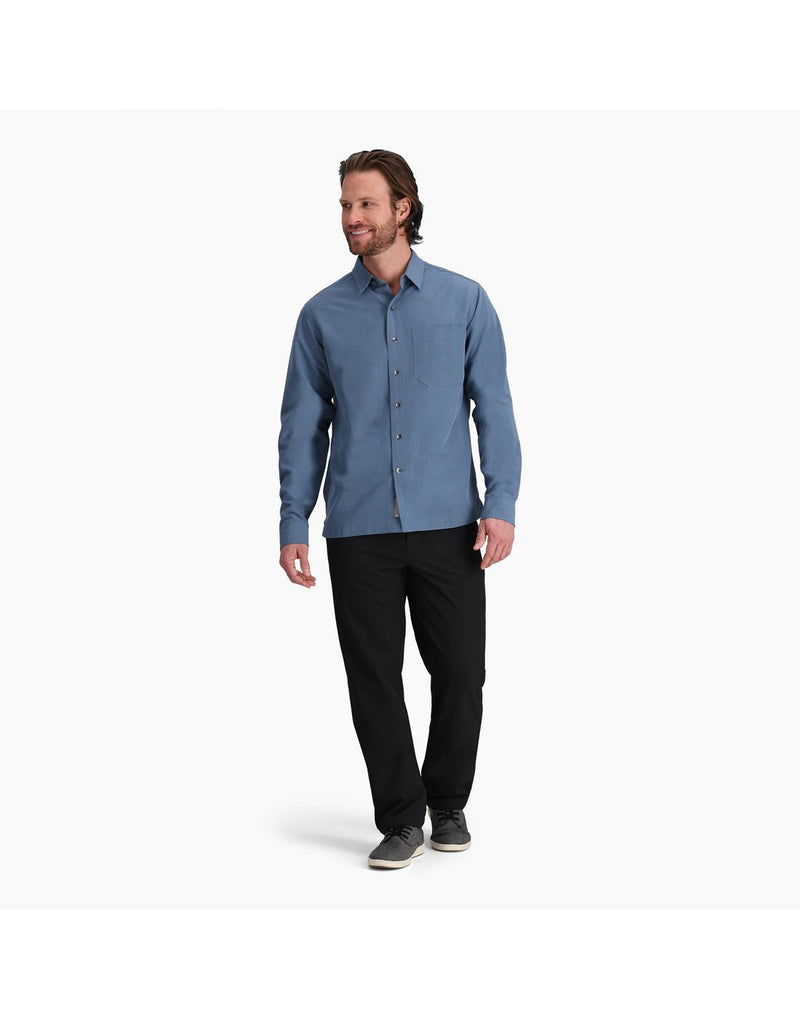 Front view of a man wearing the Royal Robbins Men's Desert Pucker Dry Long Sleeve  in Sea blue colour.