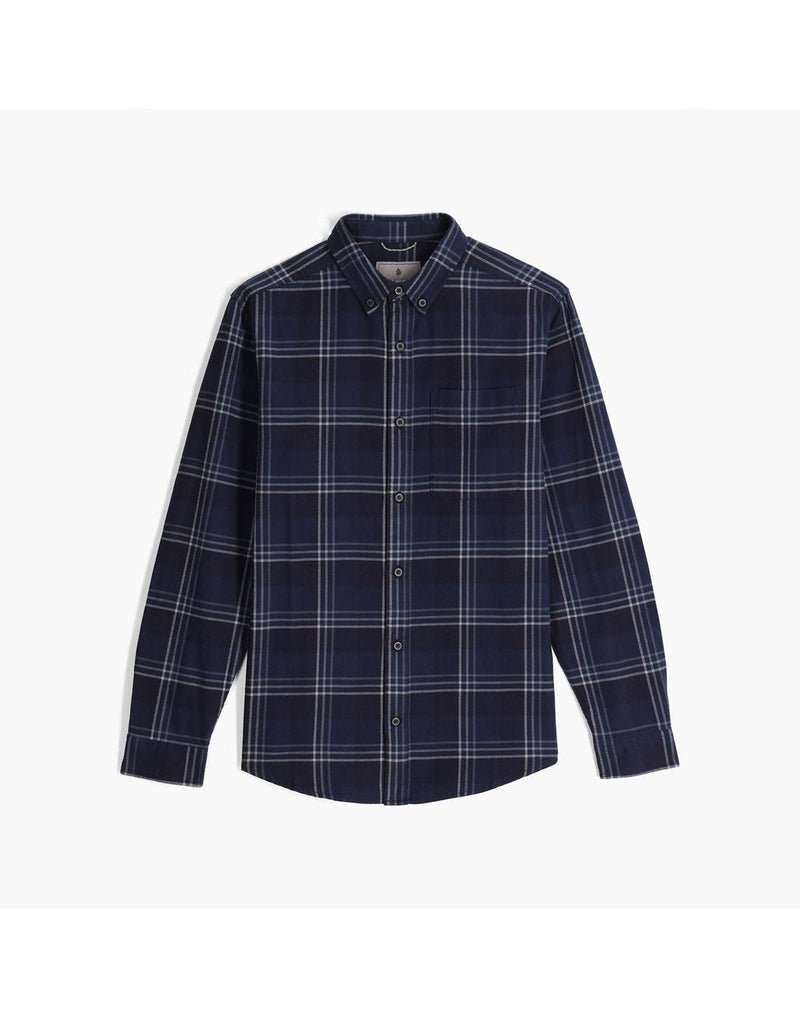 Front view of the Royal Robbins Men's Lieback Organic Cotton Flannel Long Sleeve in Naval Timbercove Plaid.