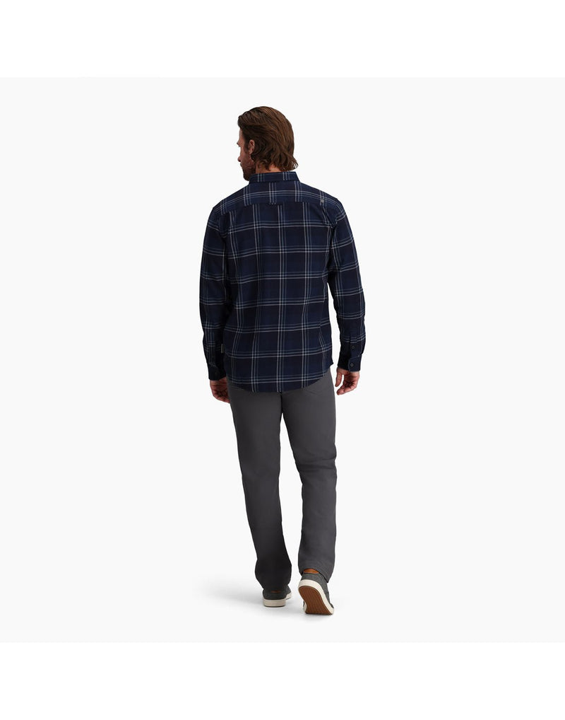 Back view of a man wearing the Royal Robbins Men's Lieback Organic Cotton Flannel Long Sleeve in Naval Timbercove Plaid.
