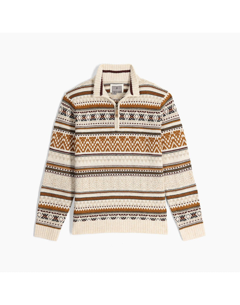 Front view of the Royal Robbins Men's Ponderosa 1/4 Zip sweater in Ivory, showing the brown, black and ivory colour patterns of the sweater.