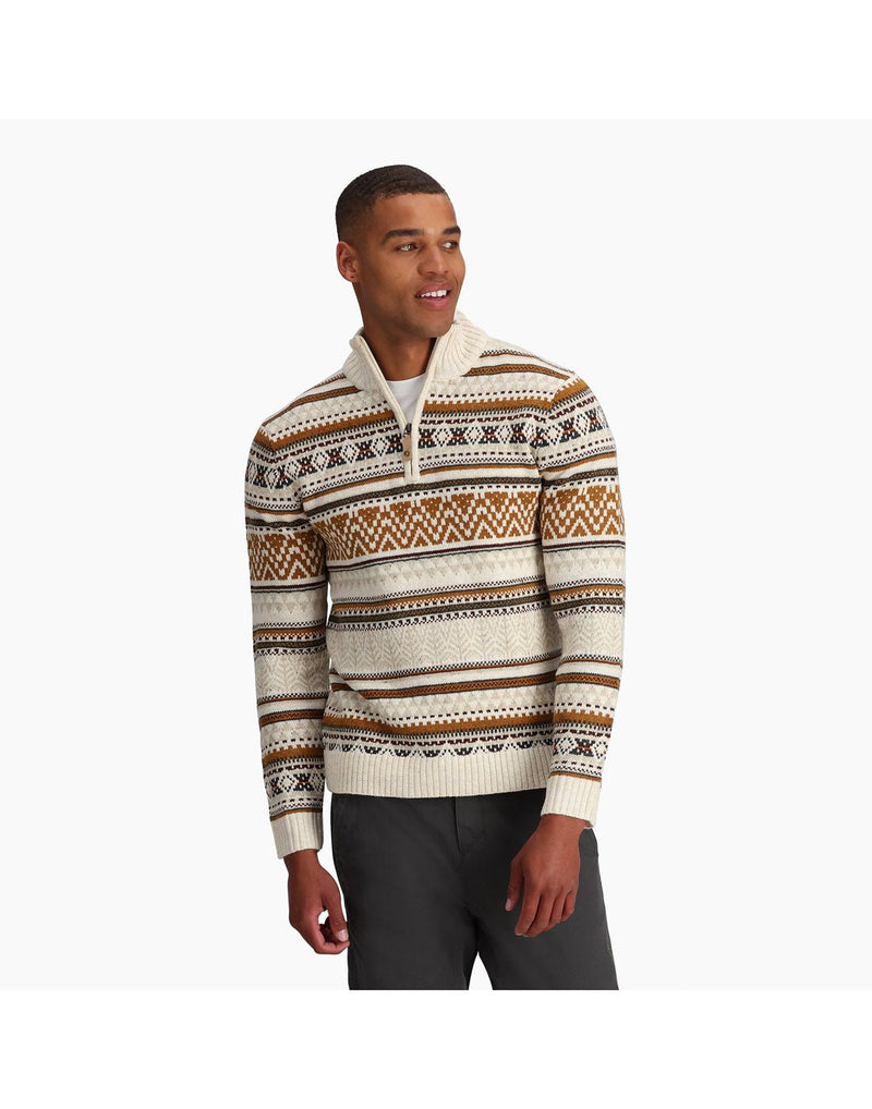 Front view of a man wearing the Royal Robbins Men's Ponderosa 1/4 Zip sweater in Ivory.