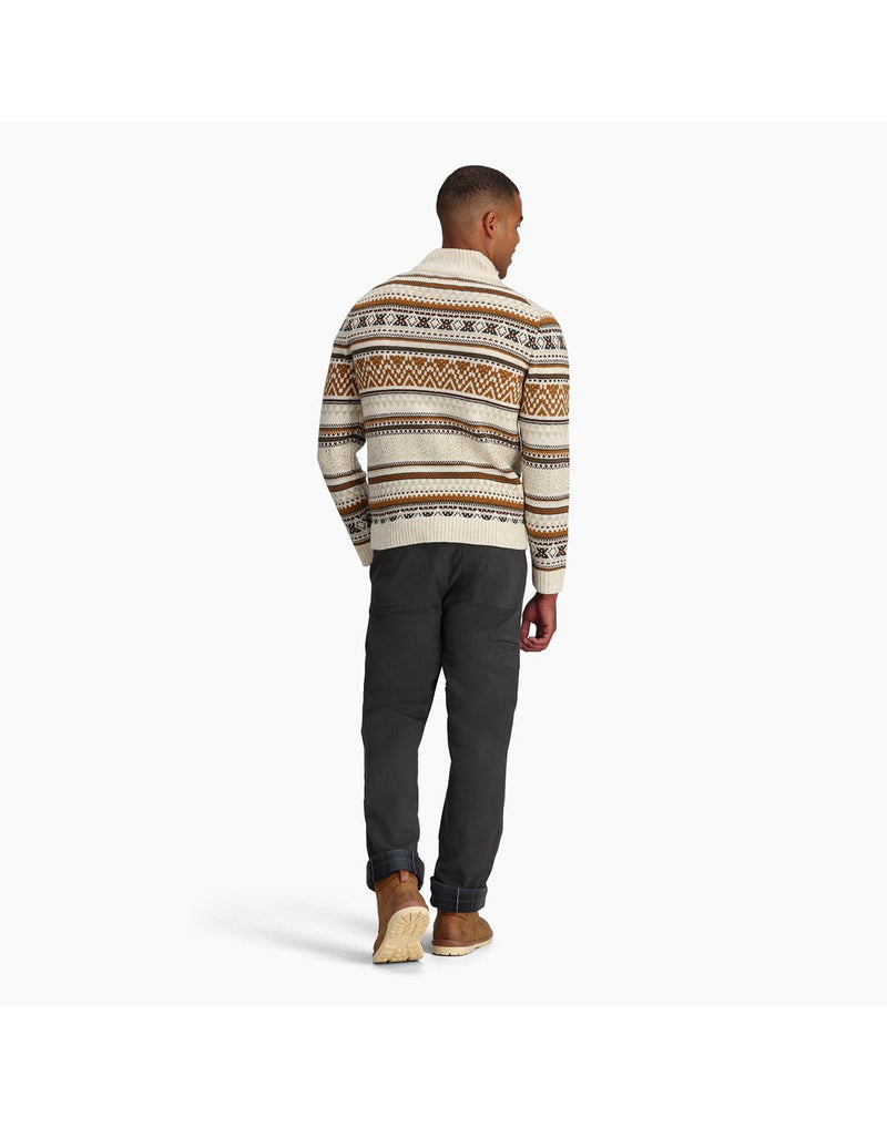 Back view of a man wearing the Royal Robbins Men's Ponderosa 1/4 Zip sweater in Ivory.
