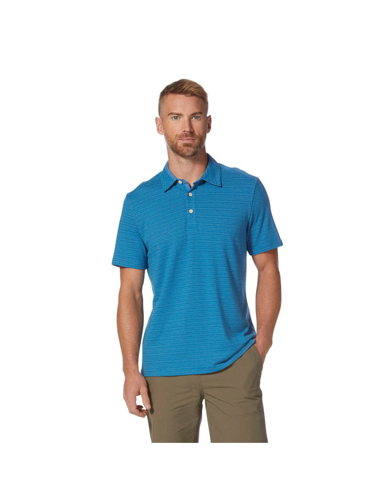 Man wearing Royal Robbins Men's Vacationer Polo in Tahoe Blue Str, back view.