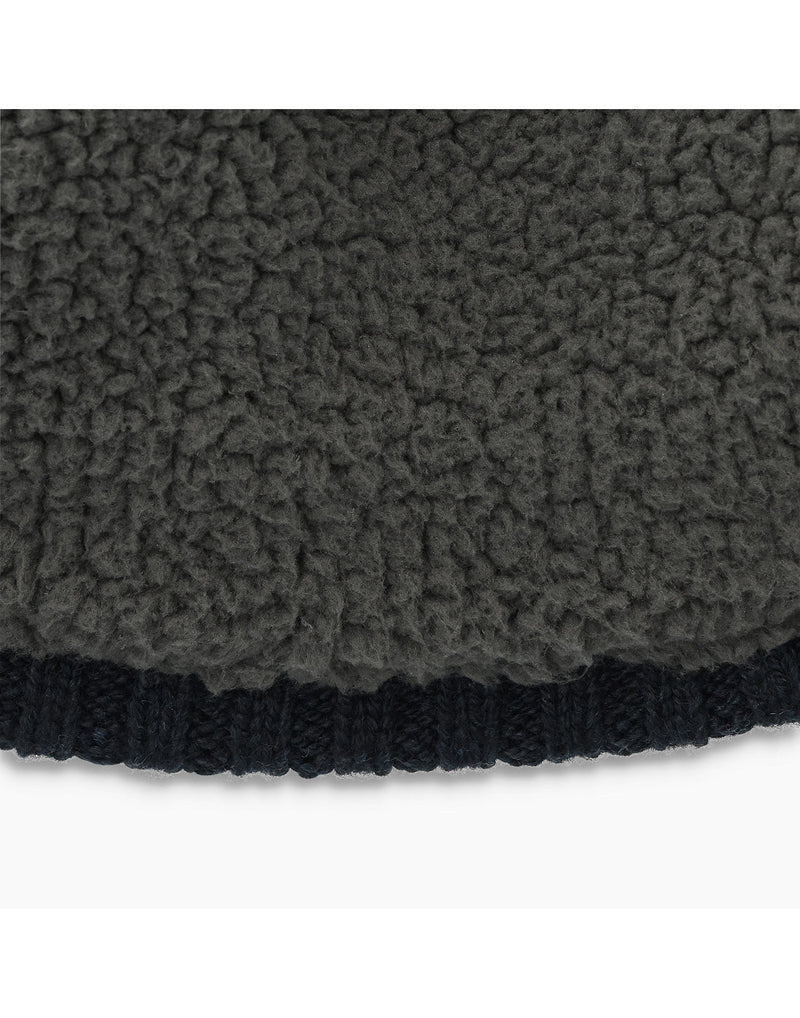 Close up, interior fleece lining of the Royal Robbins Unisex Baylands Lined Beanie in Jet Black.