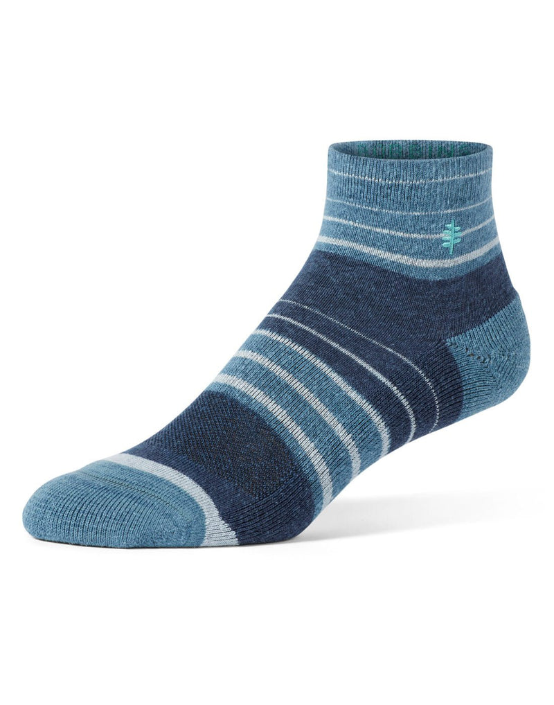 Royal Robbins Unisex Treetech Quarter Pattern Sock in Collins Blue, with stripes of three shades of blue