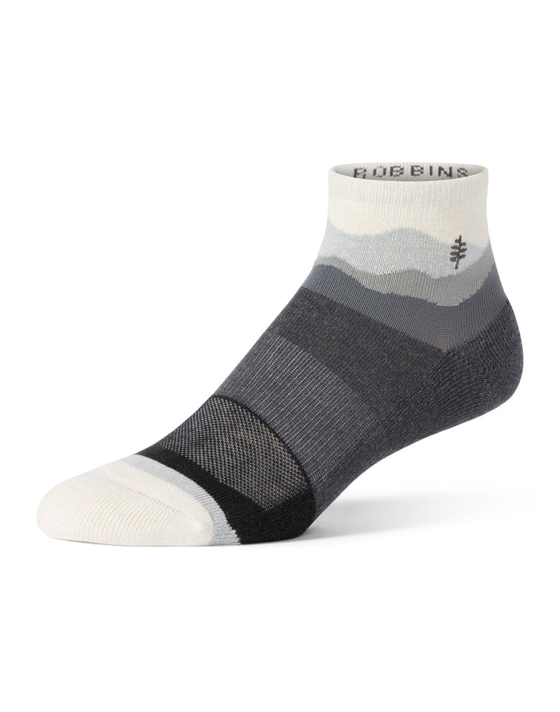 Royal Robbins Unisex Treetech Quarter Pattern Sock in jet black, with shades of grey and white toe