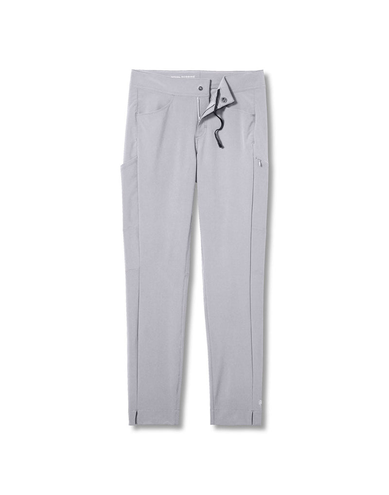 Royal Robbins Women's Alpine Mountain Pro Pant in light pelican colour, front view with pants unzipped to show snap closure and draw strings
