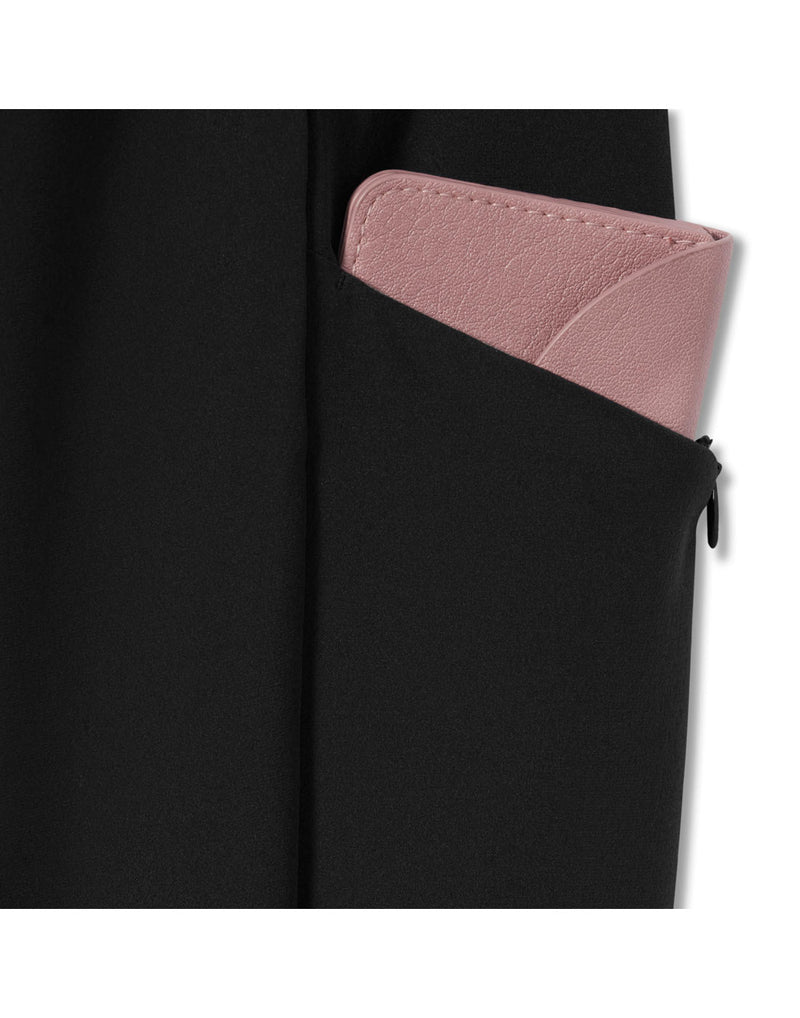 Royal Robbins Women's Alpine Mountain Pro Pant in jet black, close-up of  left side zip pocket