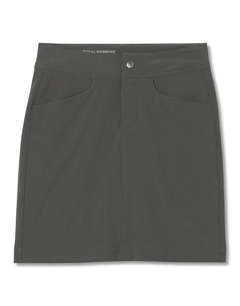 Royal Robbins Women's Alpine Mountain Pro Skort in asphalt grey colour, front view with button closure and front two pockets