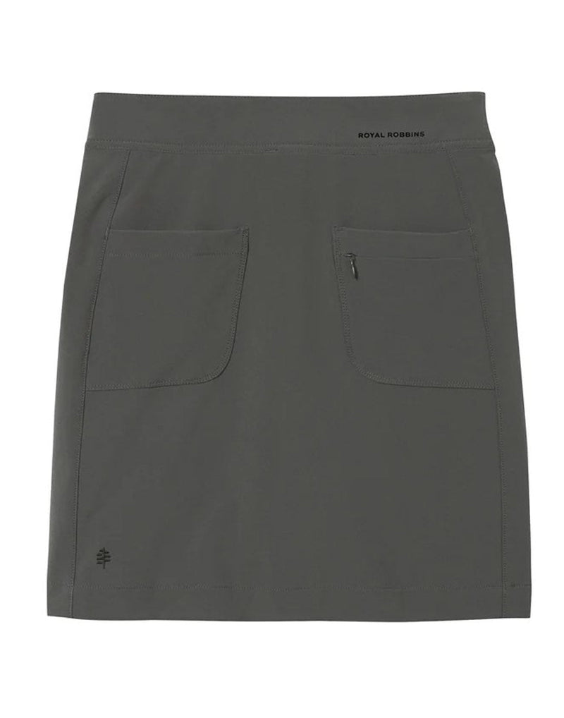 Royal Robbins Women's Alpine Mountain Pro Skort in asphalt grey colour, back view with two pockets - one has a zippered pocket on it as well