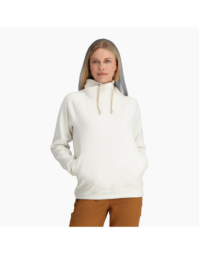Front view of a woman wearing the Royal Robbins Women's Arete Funnel Neck top in Ivory.