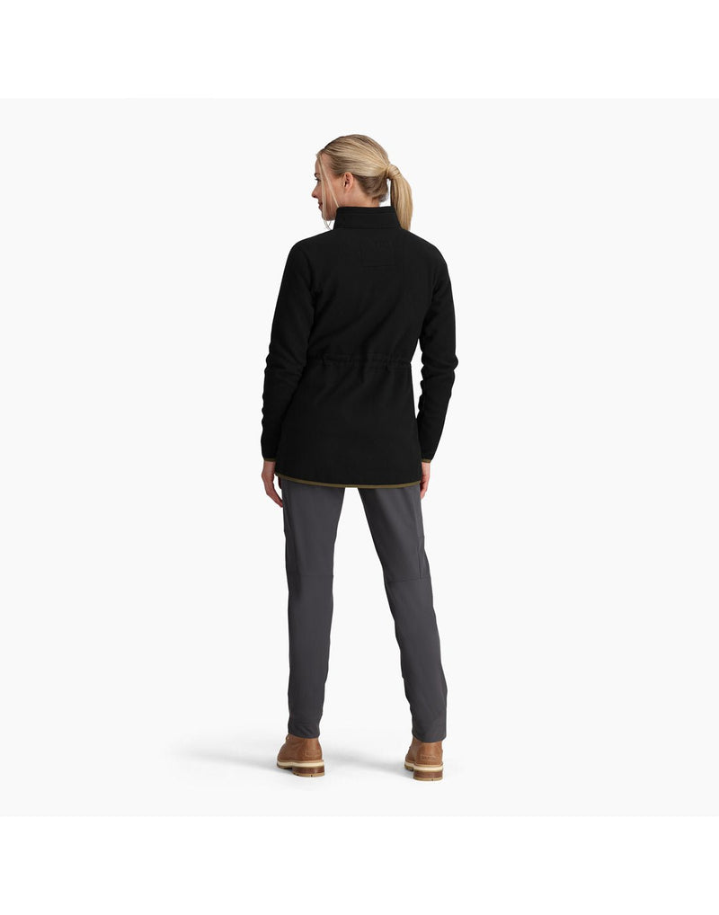 Back view of a woman wearing the Royal Robbins Women's Arete Jacket in Black.