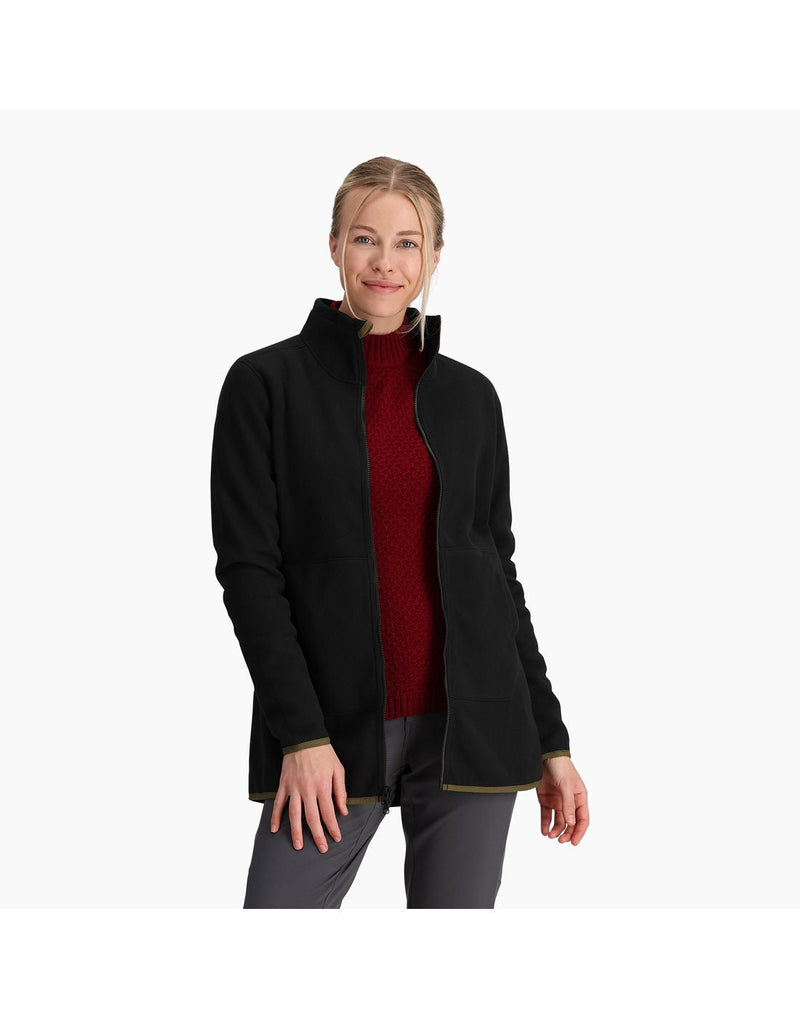 Front view of a woman wearing the Royal Robbins Women's Arete Jacket in Black, un-zipped.