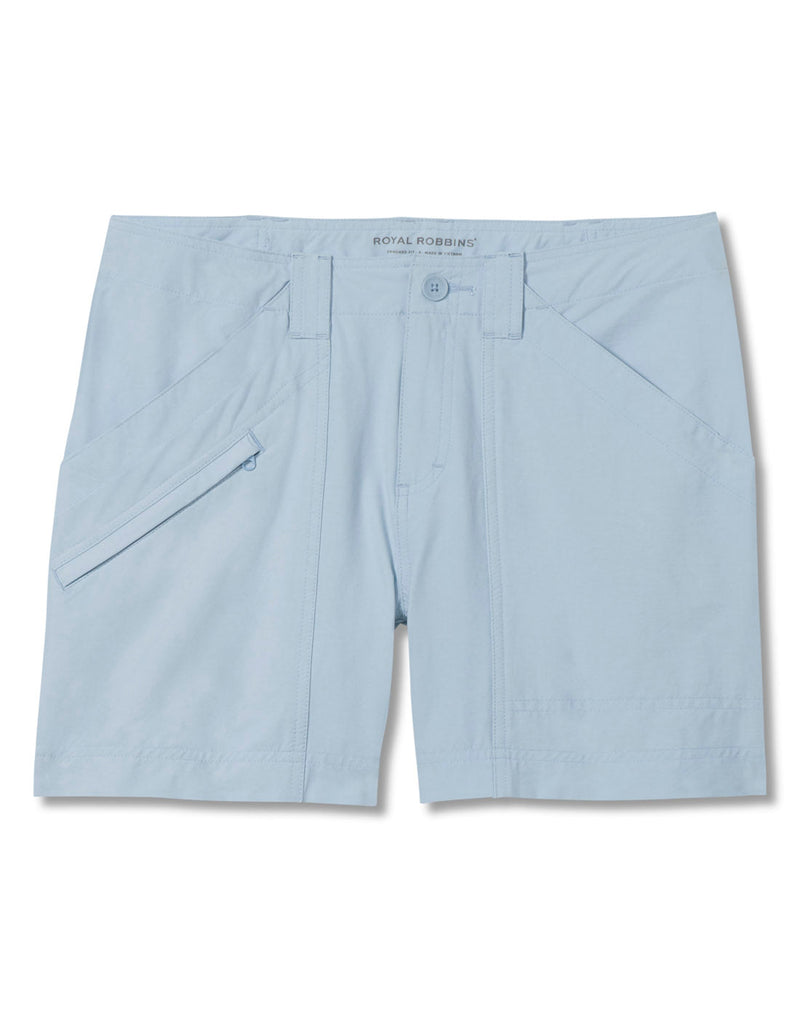 Front view of Royal Robbins Women's Backcountry Pro Shorts in summer sky blue