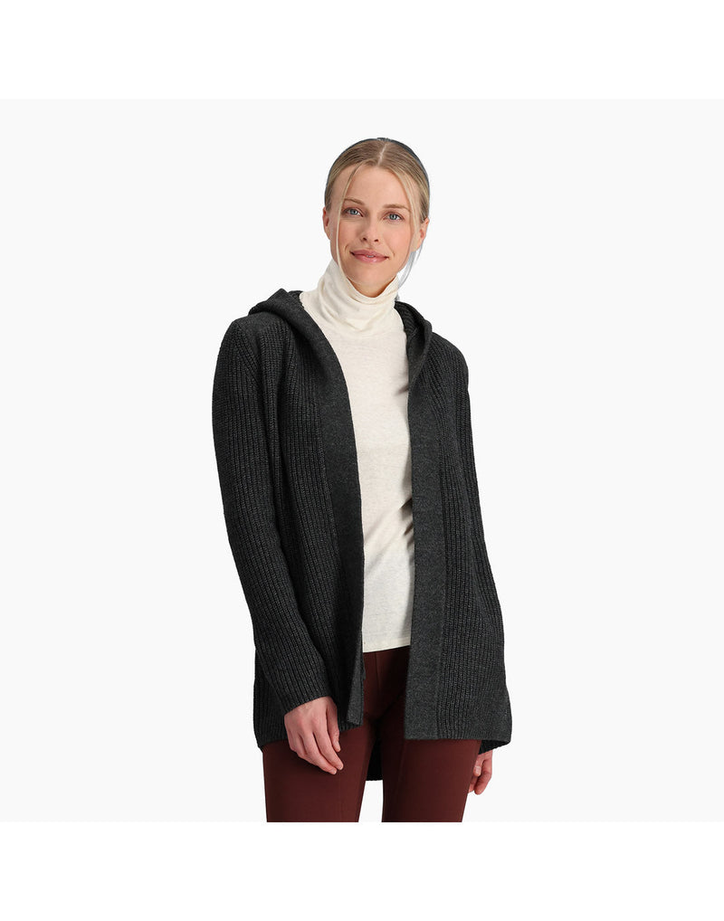 Front view of a woman wearing the Royal Robbins Women's Baylands Cardigan in Charcoal Heather, hood down.