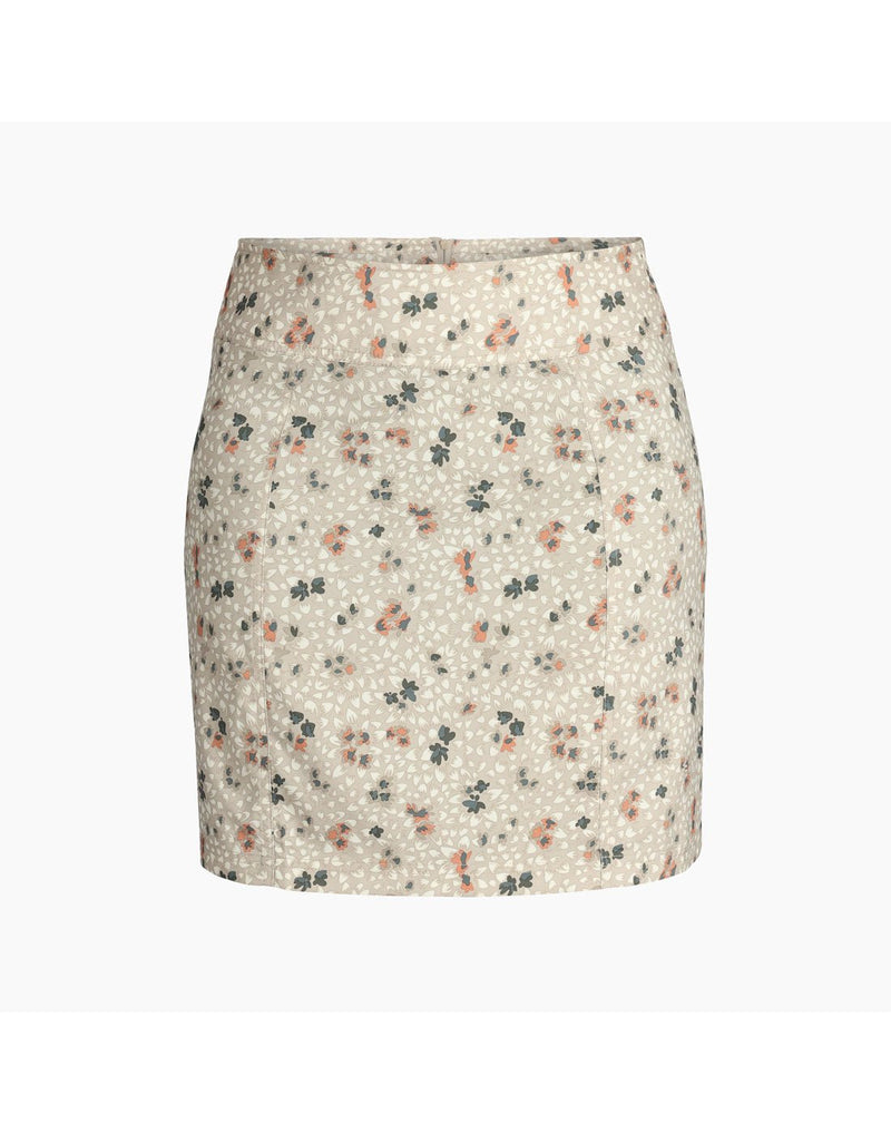 Royal Robbins Women's Discovery III Printed Skort in light khaki colour with small pattern of peach flowers and green leaves, front view