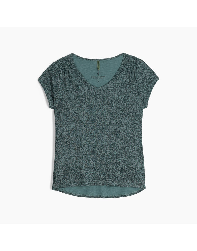 Royal Robbins Women's Featherweight Slub Tee in sea pine, green colour with small geometric print, front view