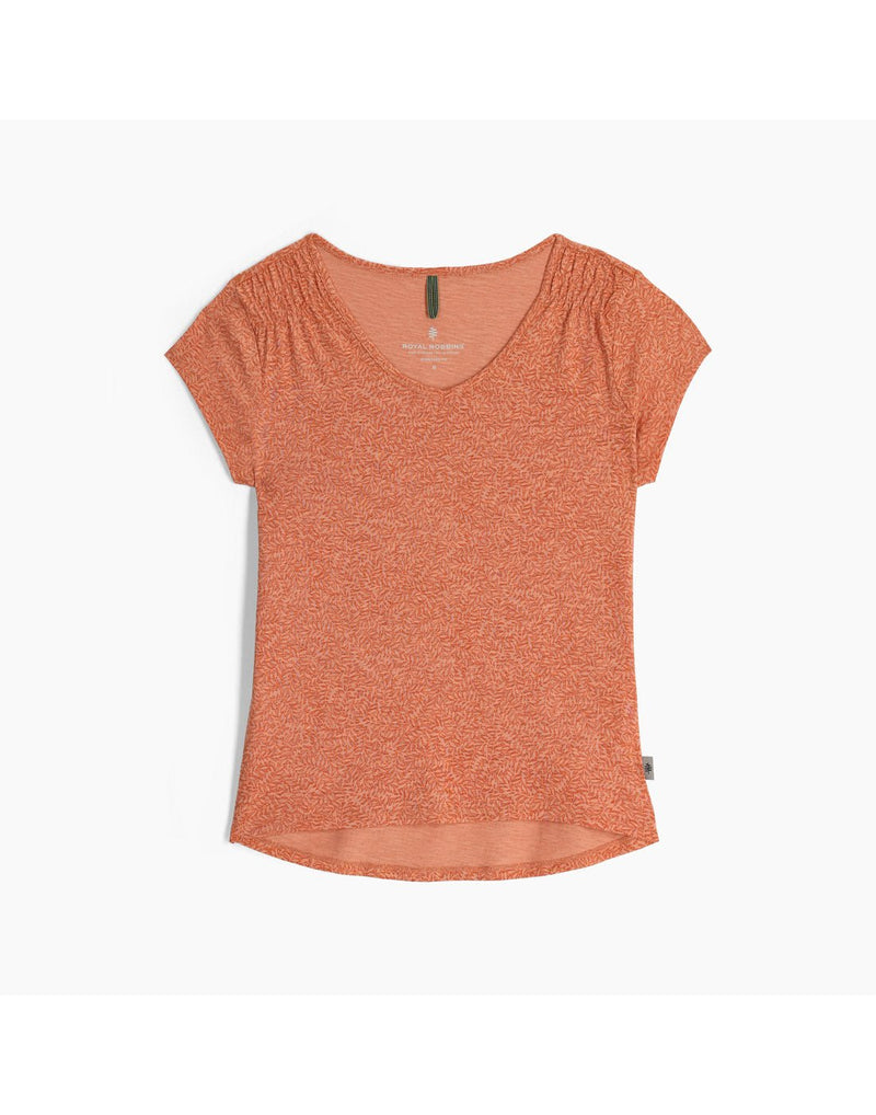 Royal Robbins Women's Featherweight Slub Tee in baked clay, peach orange colour with small geometric print, front view
