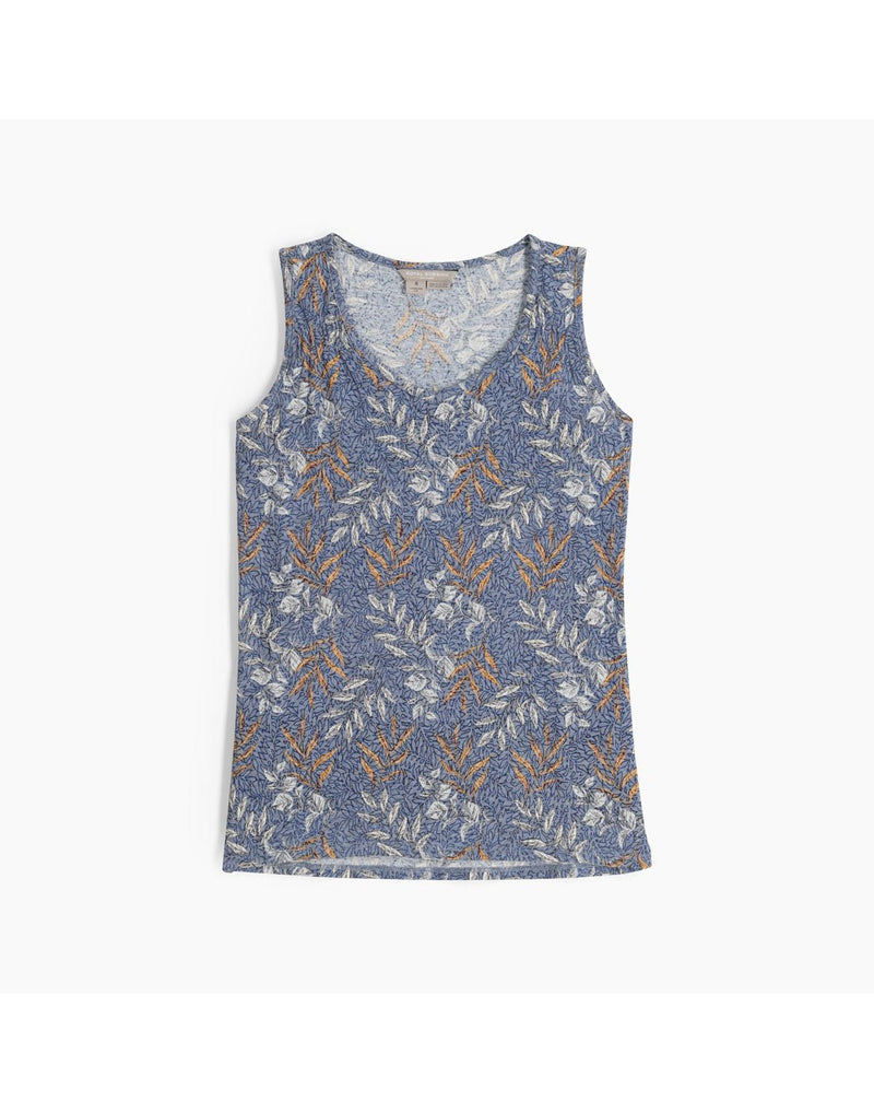 Royal Robbins Women's Featherweight Tank in chicory blue usla print, blue with beige and brown floral pattern, front view