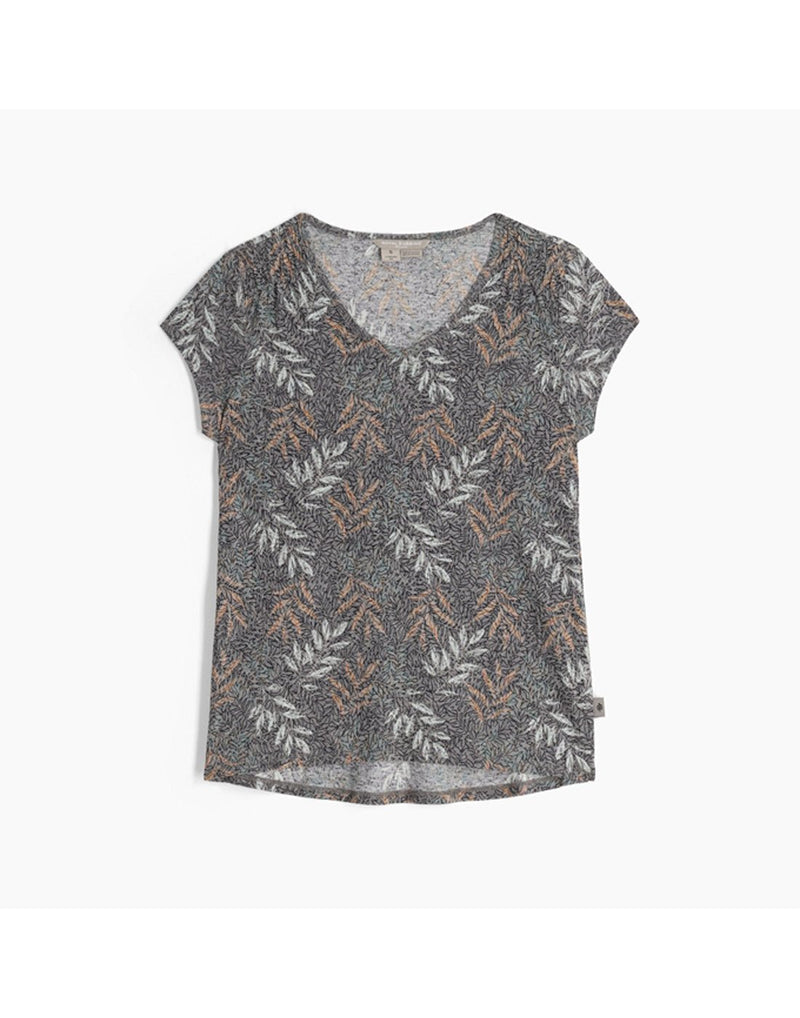 Royal Robbins Women's Featherweight Tee in turbulence usla print, grey with beige and brown floral print, front view