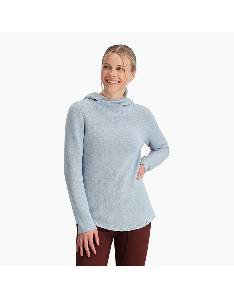 Front view of a woman wearing the Royal Robbins Women's Headlands Hemp Hoodie in Cloud blue