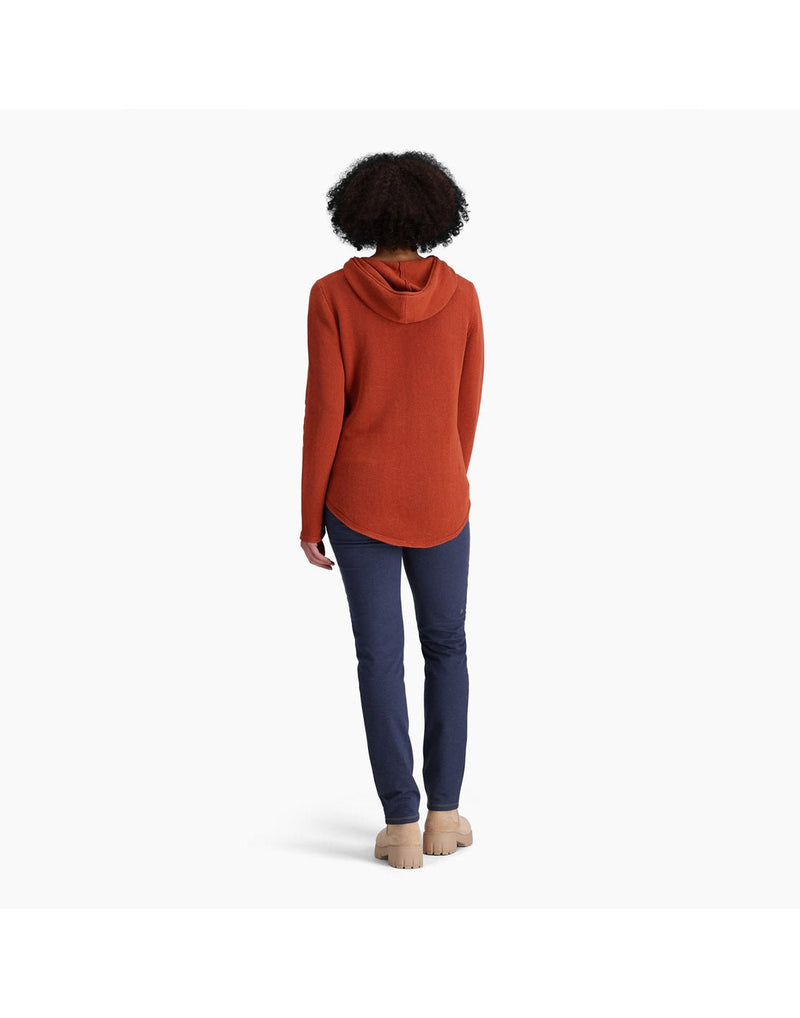 Back view of a woman wearing the Royal Robbins Women's Headlands Hemp Hoodie in Baked Clay colour.