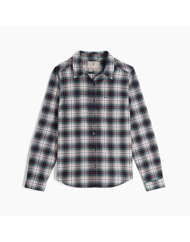 Front view of the Royal Robbins Women's Lieback Organic Cotton Flannel Long Sleeve in Sea Pine Wildwood Plaid.