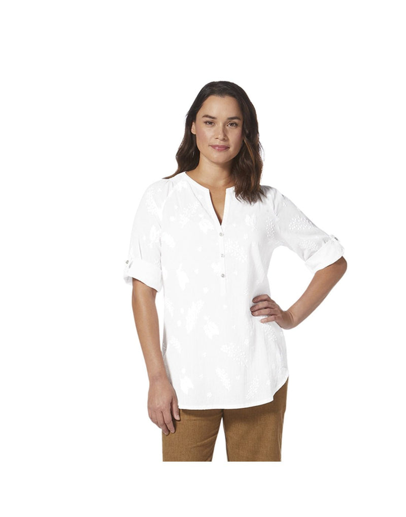 Woman wearing Royal Robbins Women's Oasis Tunic II 3/4 Sleeve in white with brown pants, front view