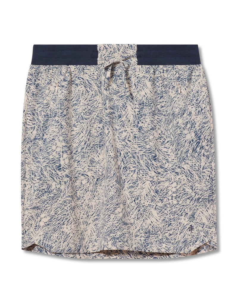 Front view of Royal Robbins Women's Spotless Evolution Skirt in Powder Elkhorn Print, navy blue waist band, and and draw string in the same Powder Elkhorn Print.