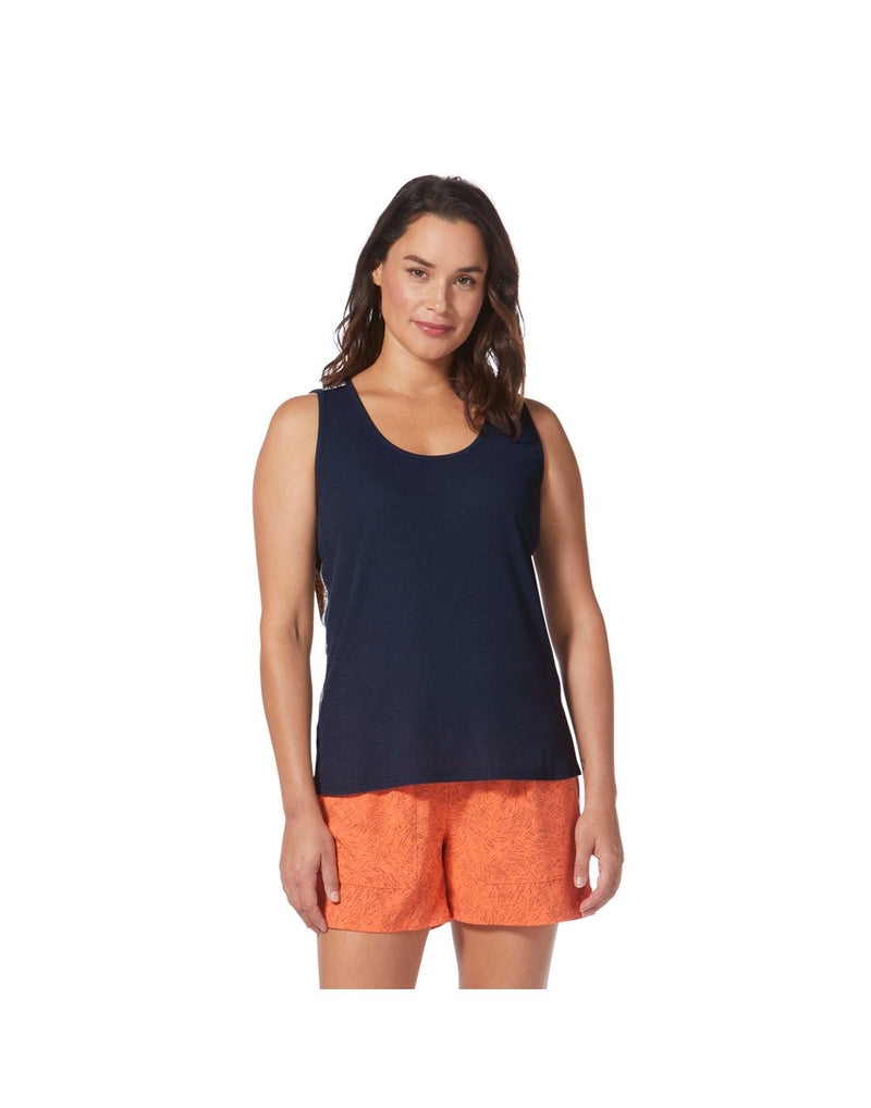  Front view image of a woman wearing Royal Robbins Women's Spotless Evolution Tank showing the solid dark navy blue front panel.