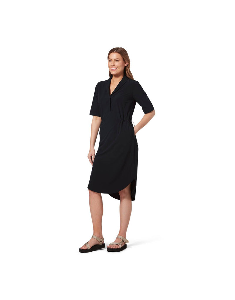 Woman wearing Royal Robbins Women's Spotless Traveller Dress Short Sleeve in jet black, front view