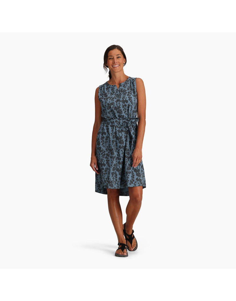Woman wearing Royal Robbins Women's Spotless Traveller Tank Dress in sea alamere print, grey on blue floral, front view