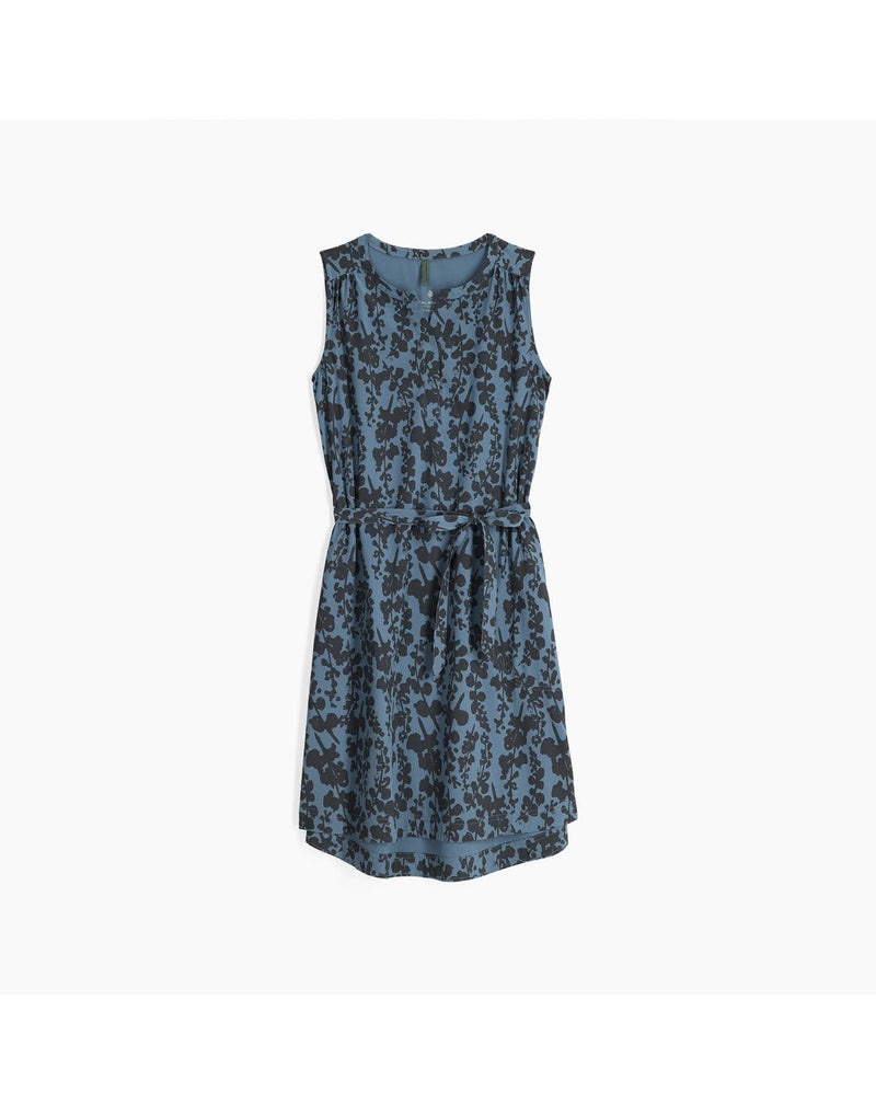 Royal Robbins Women's Spotless Traveller Tank Dress in sea alamere print, grey on blue floral, front view