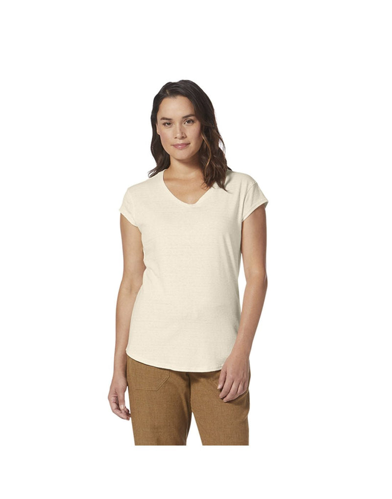 Top half of woman wearing Royal Robbins Women's Vacationer V-Neck Short Sleeve in undyed, off-white colour with brown pants, front view