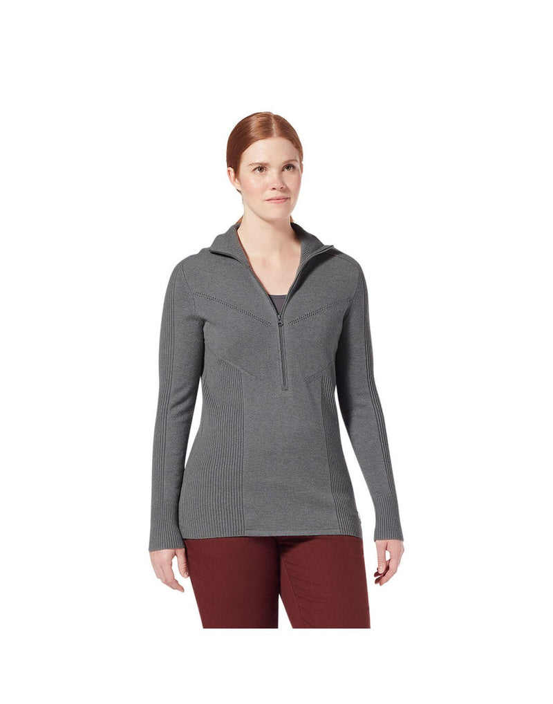 Woman wearing red pants and Royal Robbins Women's Ventour 1/2 Zip Sweater in river rock heather grey colour, front view