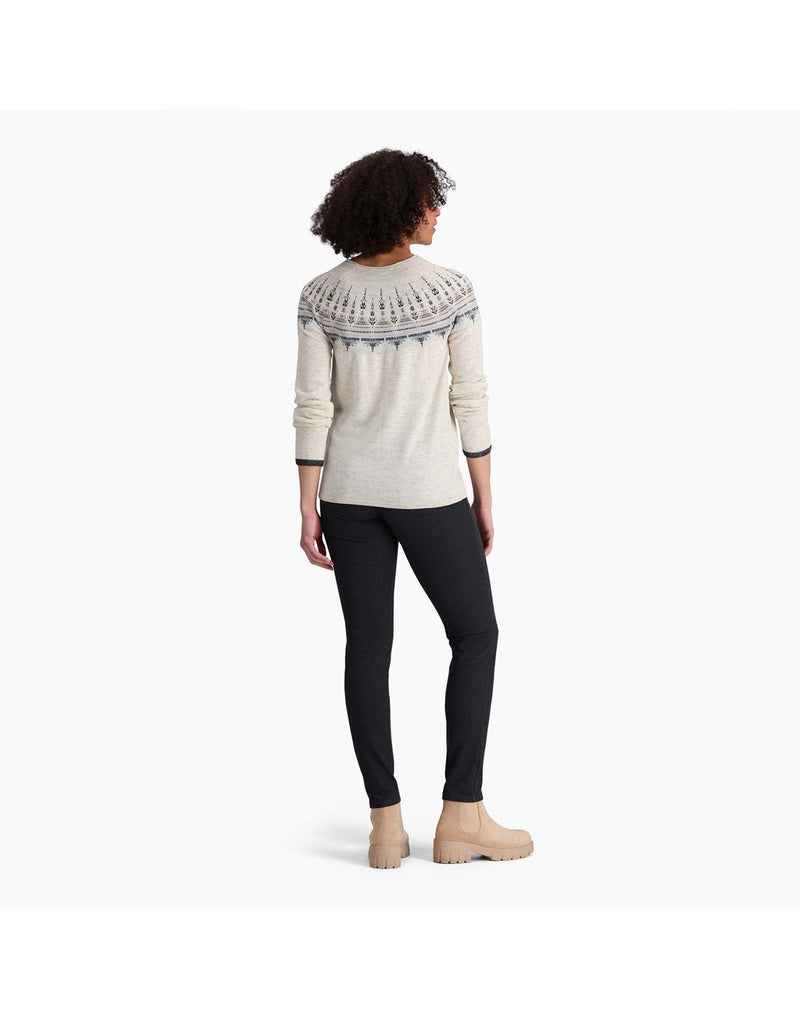 Back view of a woman wearing the Royal Robbins Women's Westlands Fairisle Crew neck sweater in Sand Dollar Relaxed Muir Print.