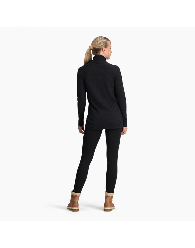 Back view of a woman wearing the Royal Robbins Women's Westlands Funnel Neck in Charcoal Heather.